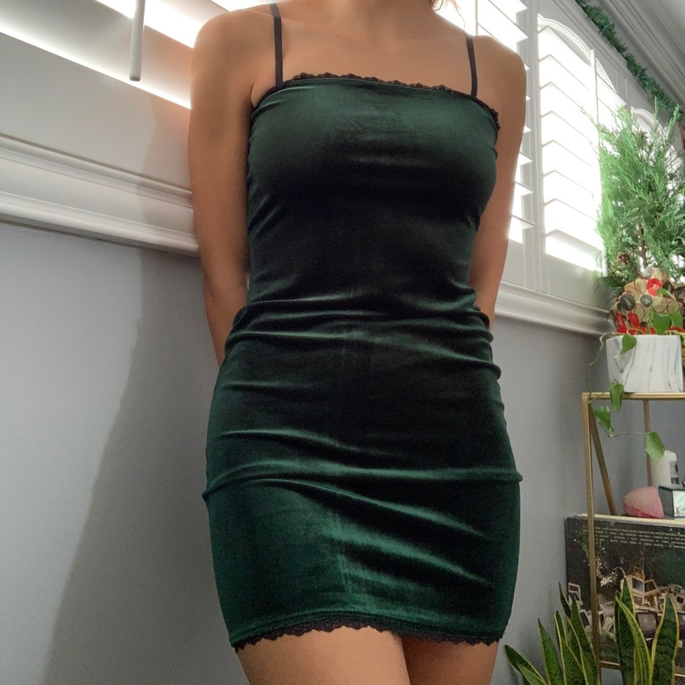Green velvet mini dress